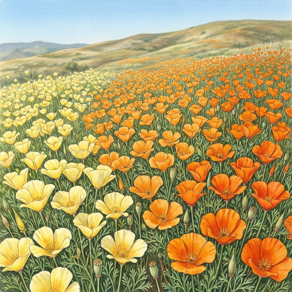 California poppies display a range of petal colors, from light yellow to deep orange. Because the medium-orange color is the.