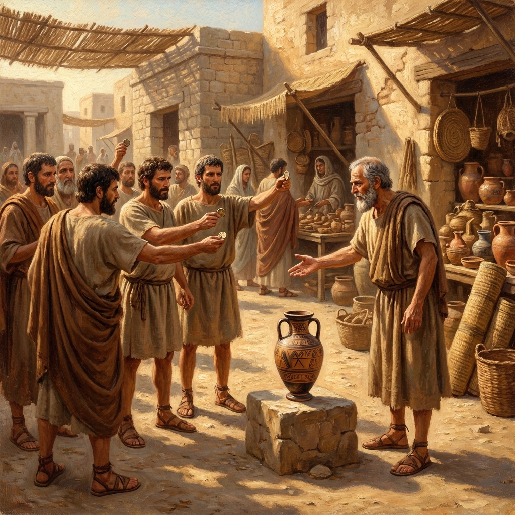 Sometimes items are very limited, like a rare, hand-crafted clay vase in an ancient marketplace. In an auction, buyers.