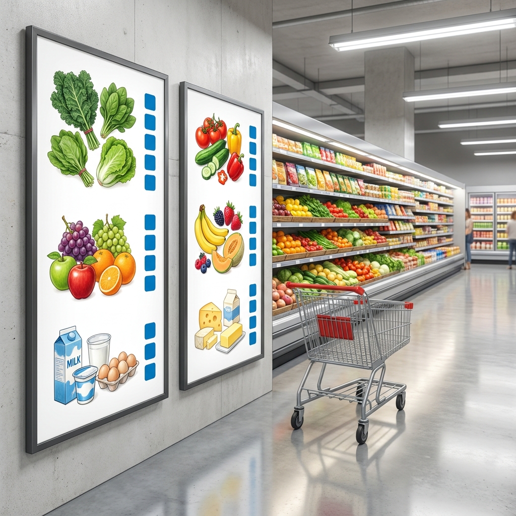 Advertisements often pair text and imagery to influence consumers. Consider a grocery store ad that presents a list of fresh.