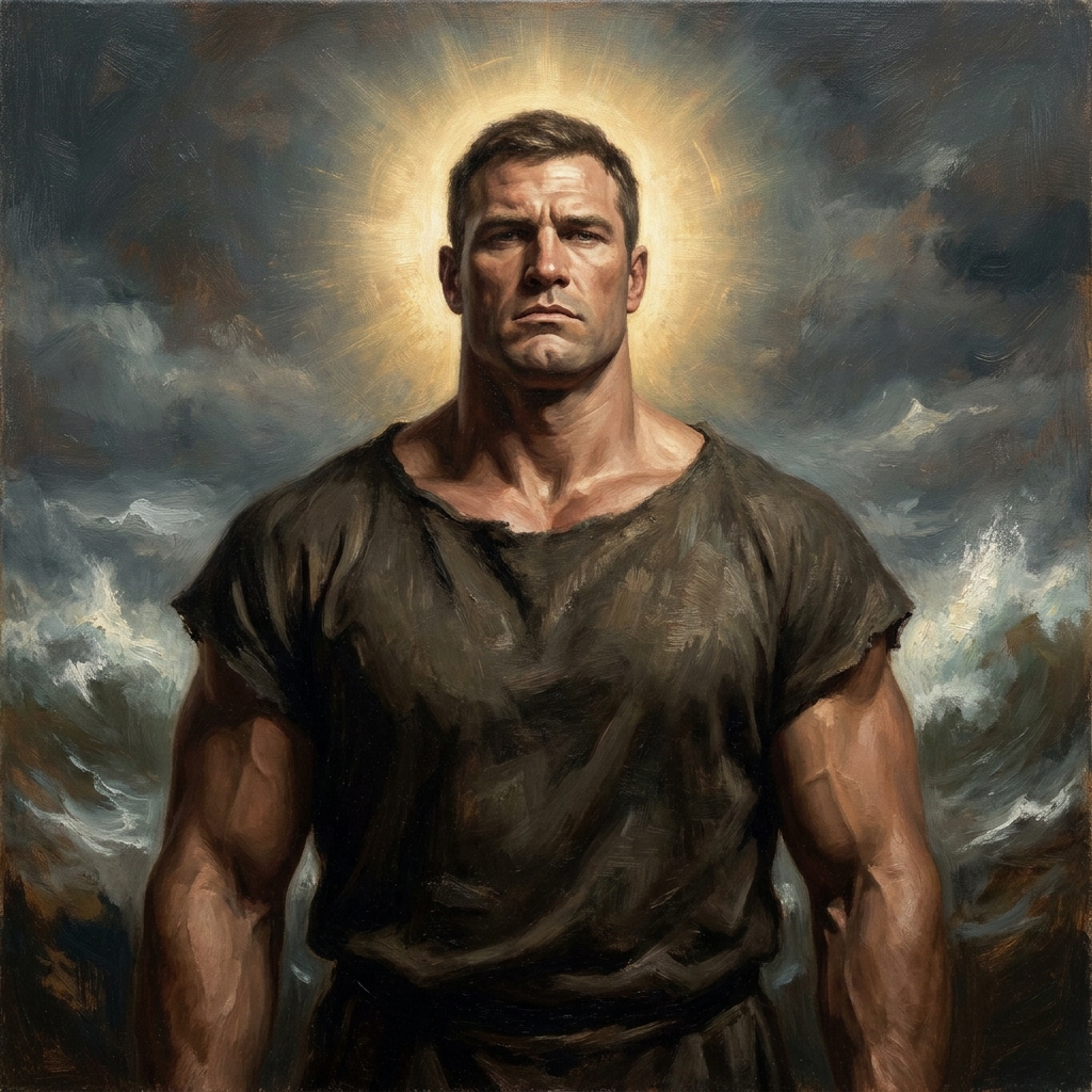 An oil portrait of a hero shows him with broad shoulders and a glowing light behind his head. The Homeric epic describes the.