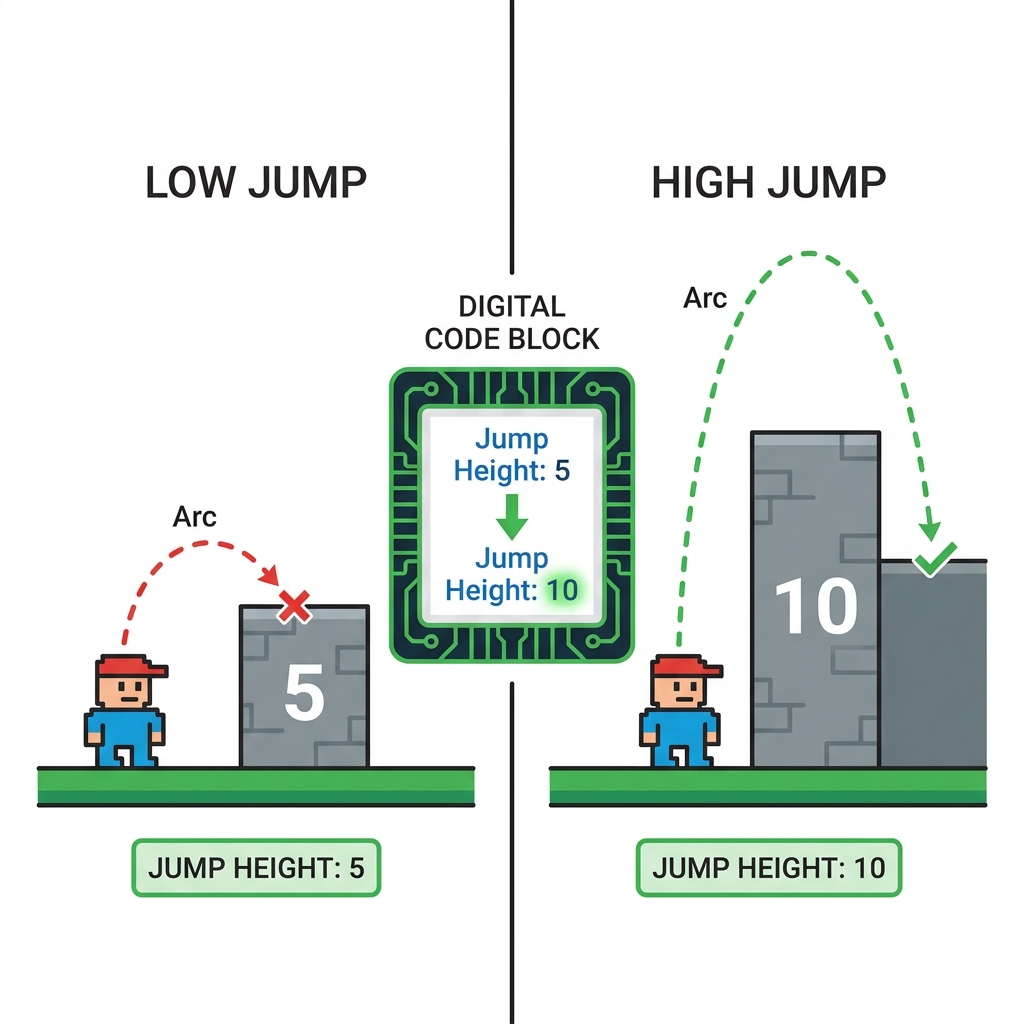 Example one: a character in a game jumps too low. The programmer changes the jump height number from 5 to 10. Now the.