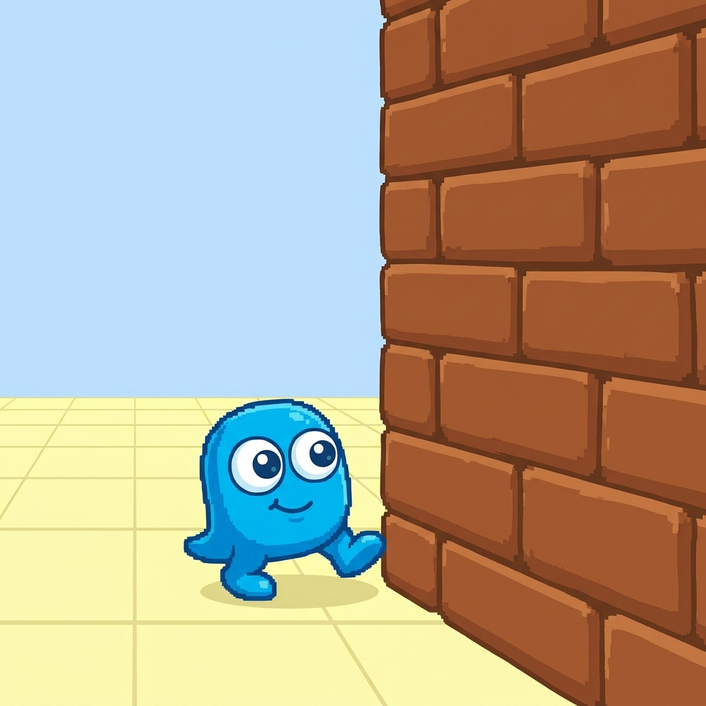 The program says: move forward 10 steps. The sprite walks right into the wall. We need to add a turn block to fix this.