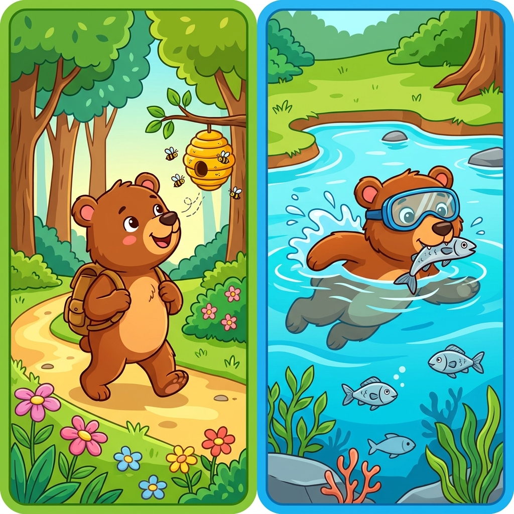 Let us look at both bears. One walks for honey. One swims for fish. They have different adventures.