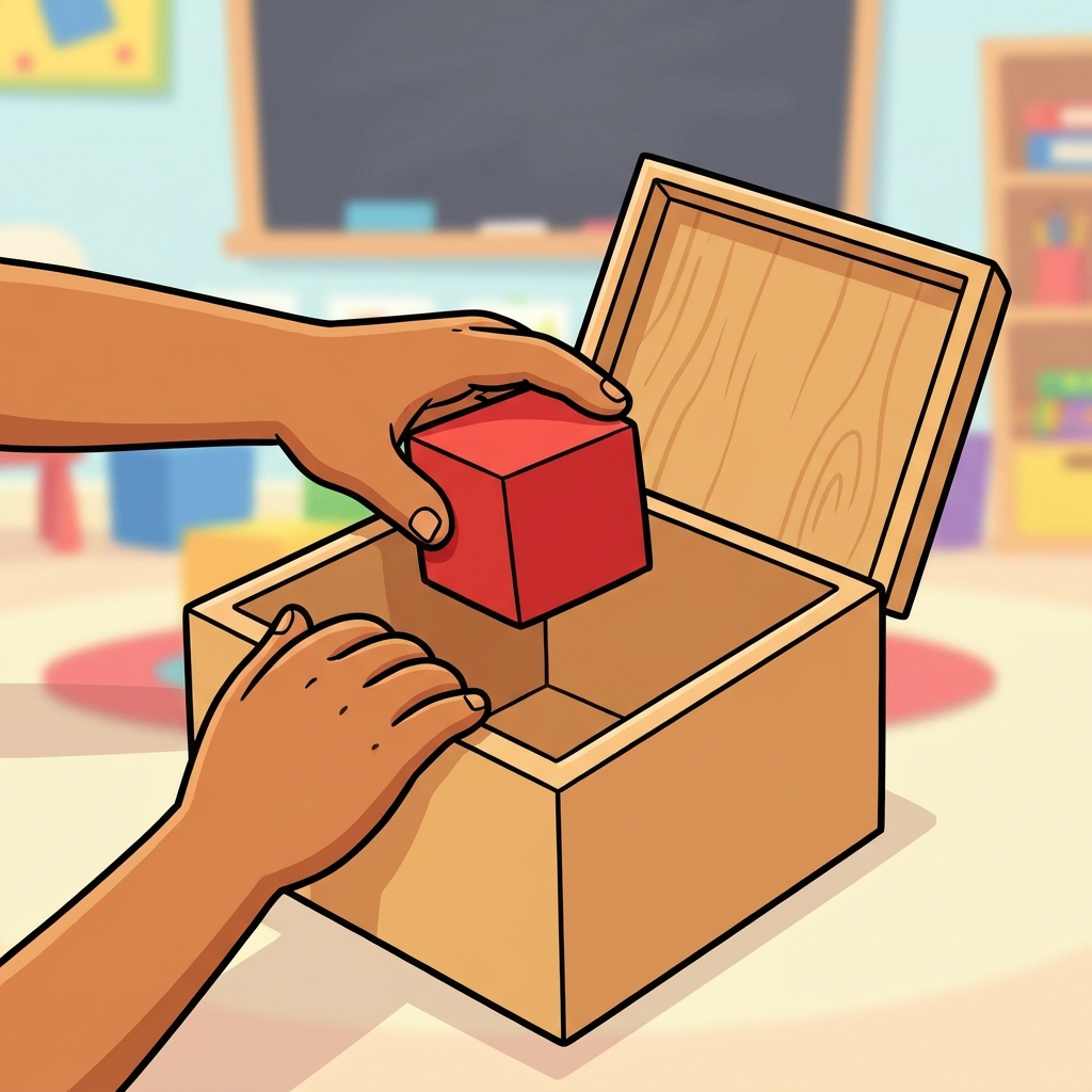 Let us do it. Pick up the red block. Now put it in the box. We followed two steps!