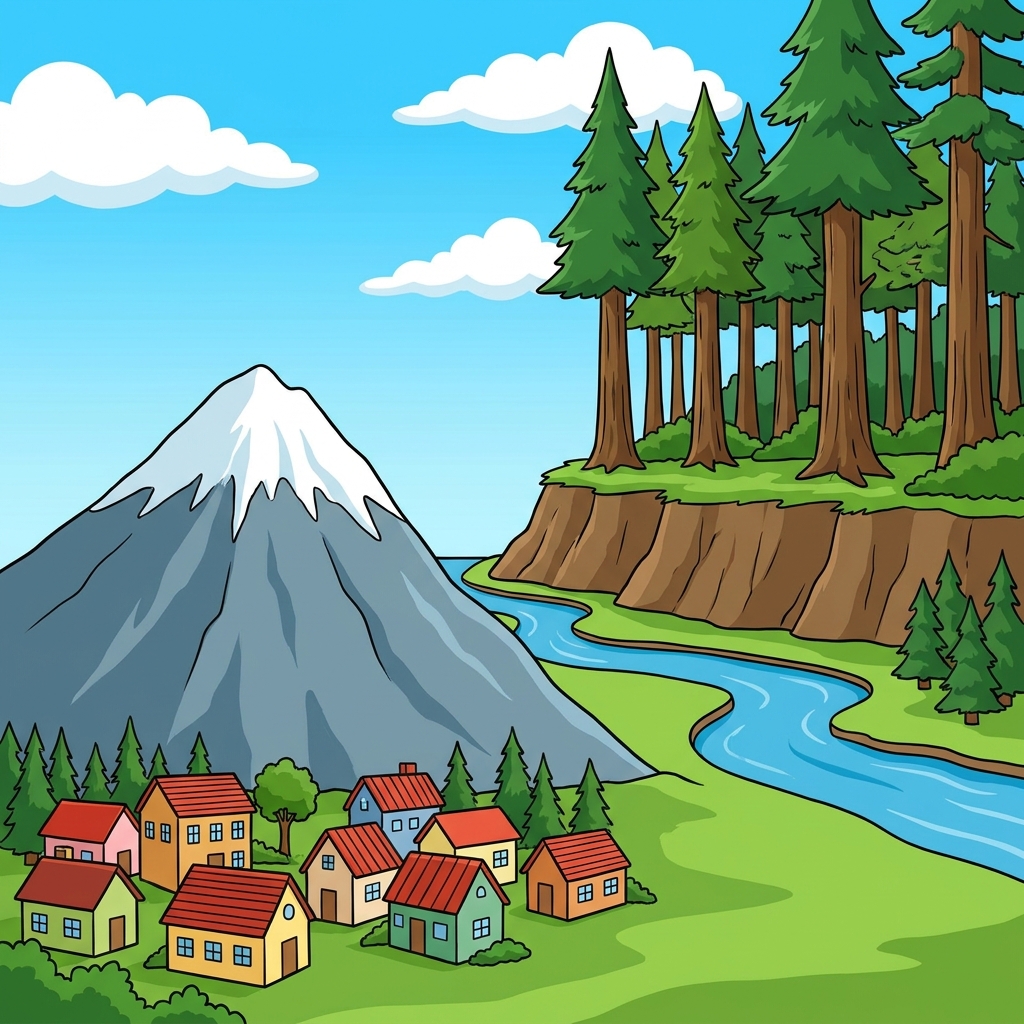 In the forest, the tall trees grow above the river, and the small village sits below the mountain. The words above and below.