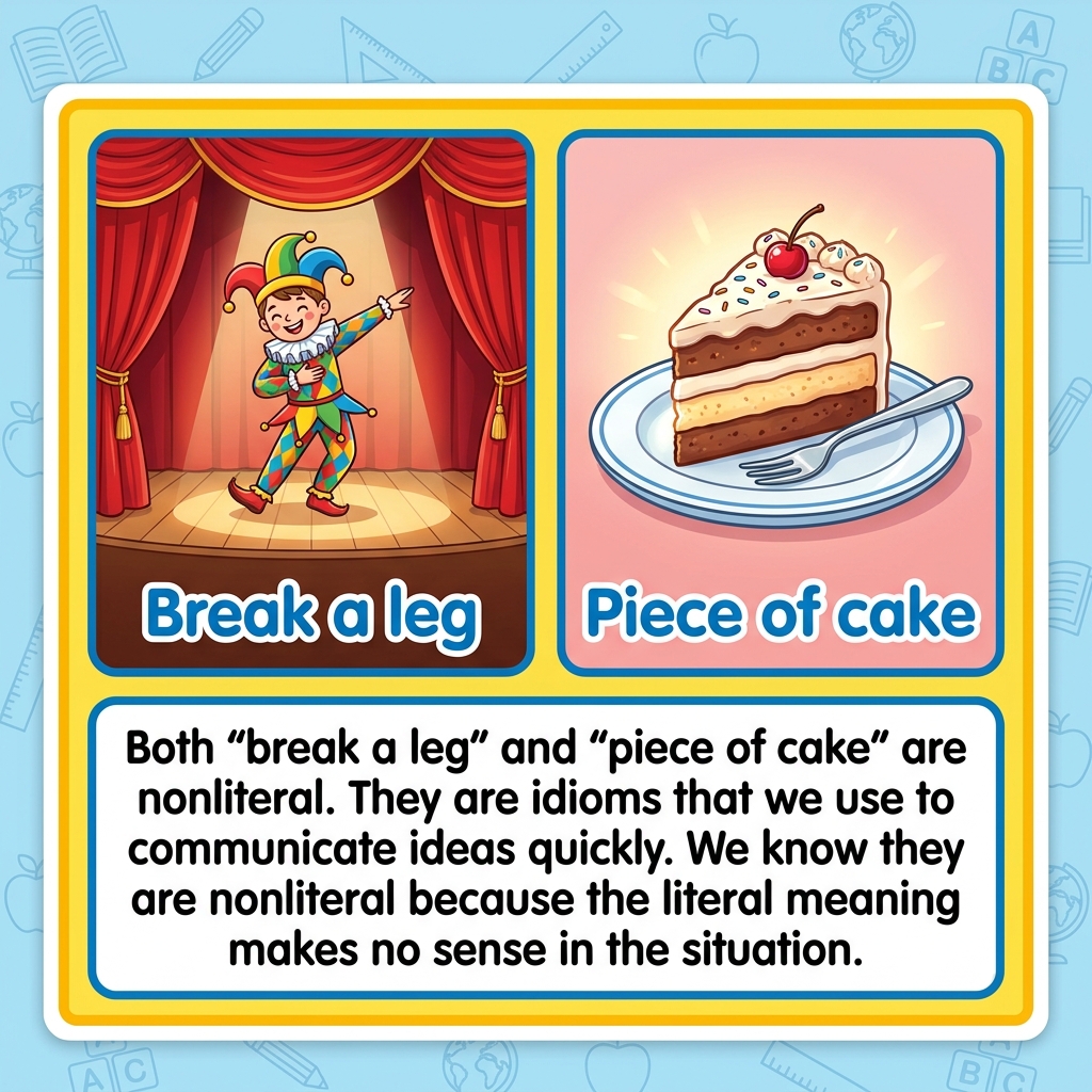 Both 'break a leg' and 'piece of cake' are nonliteral. They are idioms that we use to communicate ideas quickly. We know.