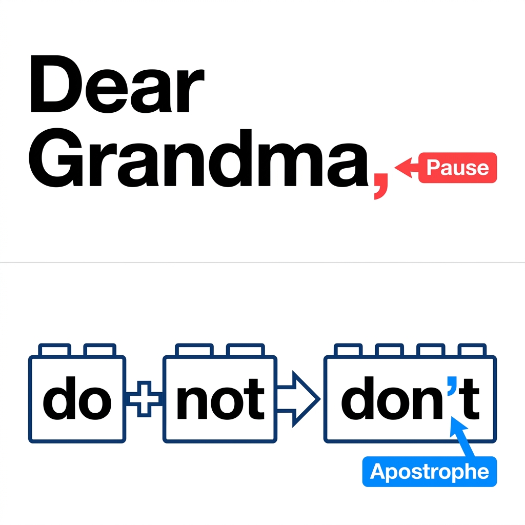 When we write a letter to a grandparent, we use commas in the greeting and closing. A comma is a mark that tells the reader.