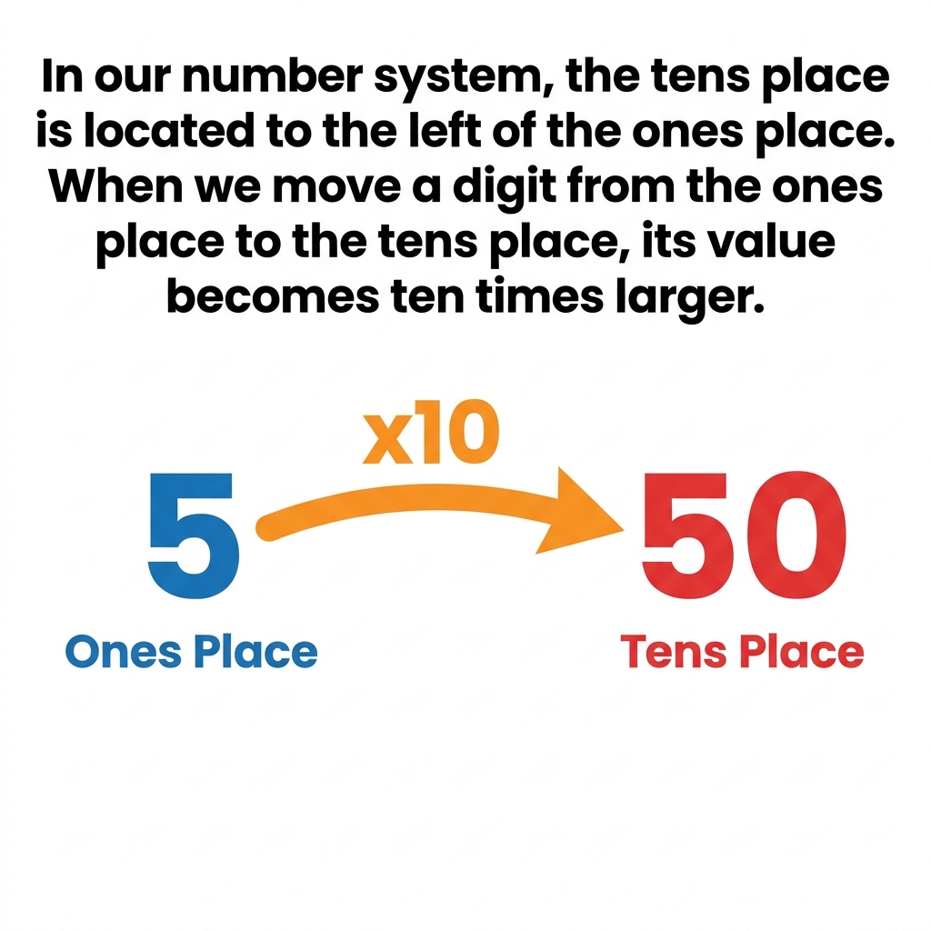 In our number system, the tens place is located to the left of the ones place. When we move a digit from the ones place to.