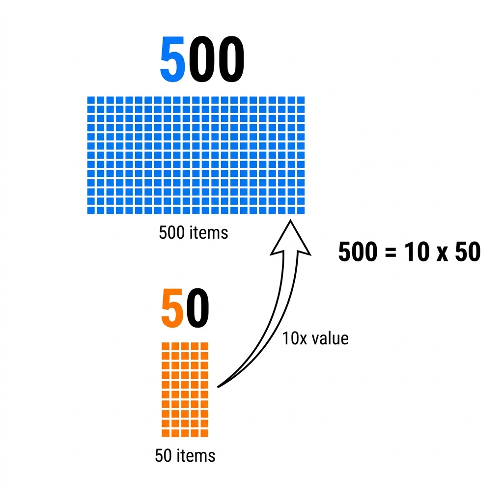 Consider the number 500 compared to 50. The 5 in the hundreds place is worth 500. The 5 in the tens place is worth 50. Since.
