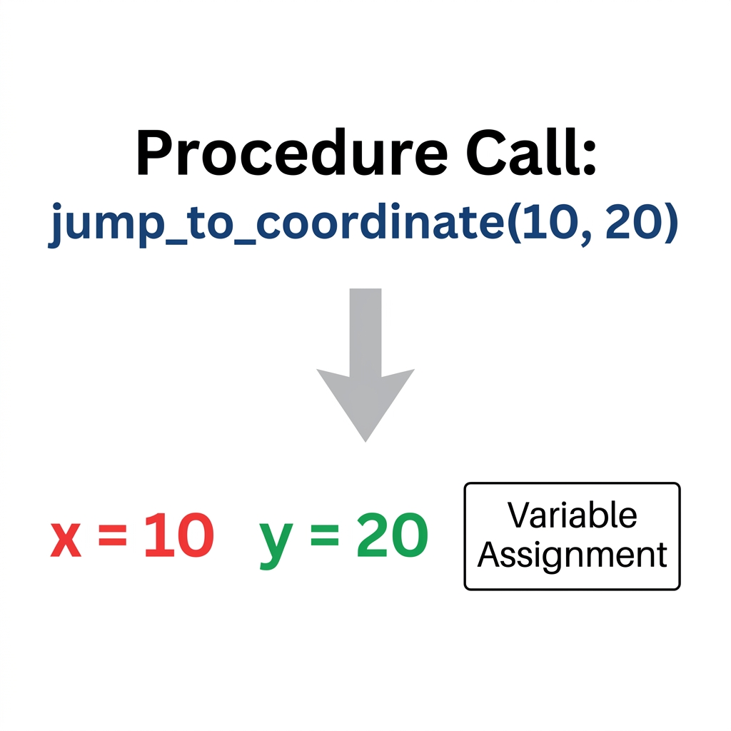 We have a procedure jump_to_coordinate(x, y). Let's trace what happens when we call jump_to_coordinate(10, 20).