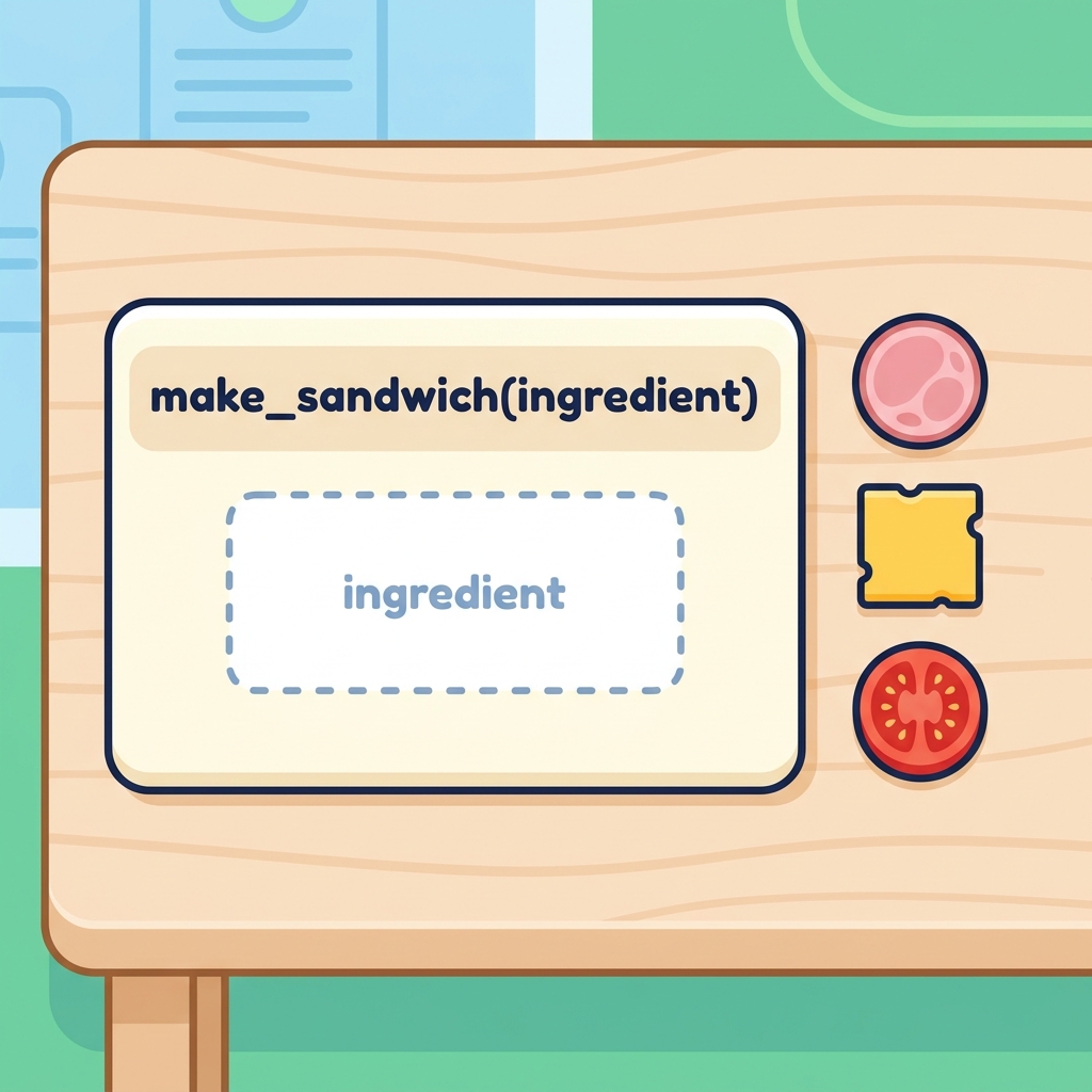 Now let's look at parameters. Imagine a recipe card for a sandwich. Instead of writing a recipe for every single type, we.