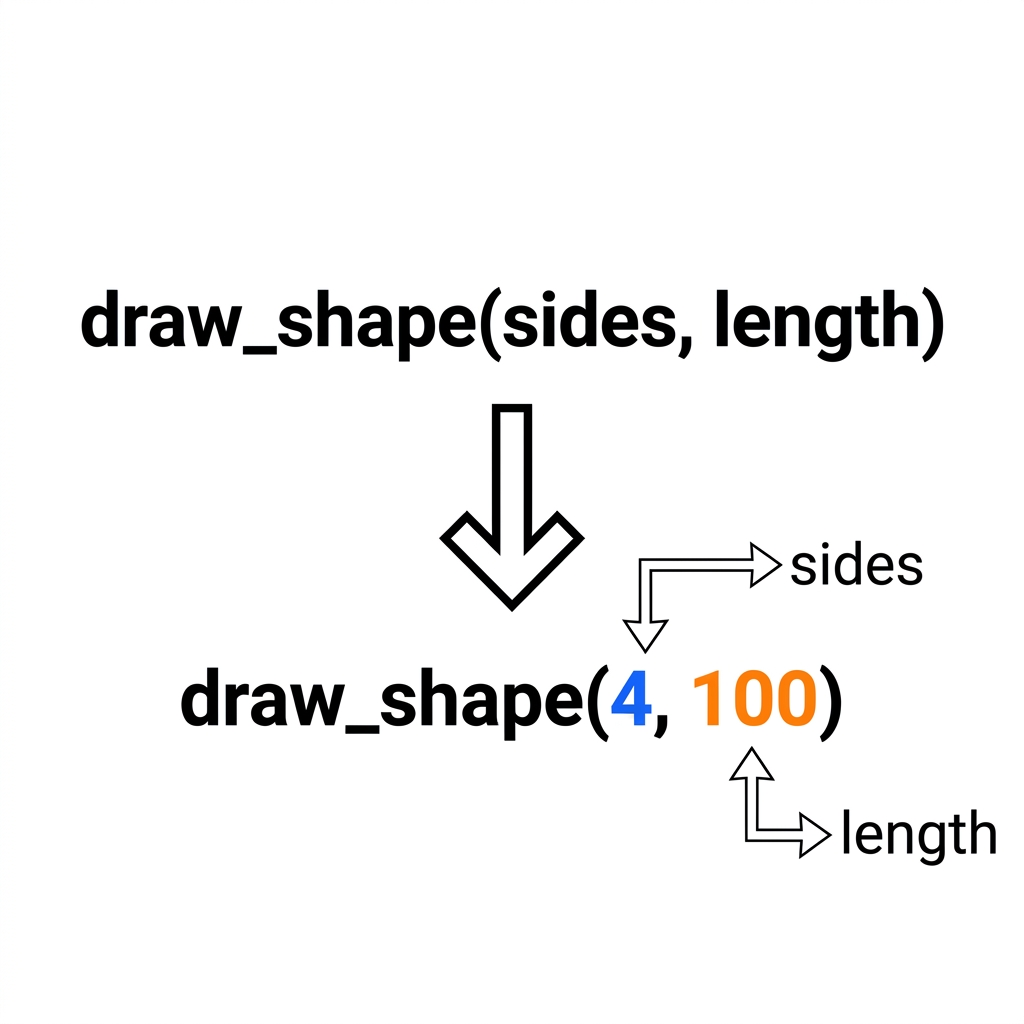 We can create a draw_shape(sides, length) procedure. This takes two parameters. We can call draw_shape(4, 100) to draw a.