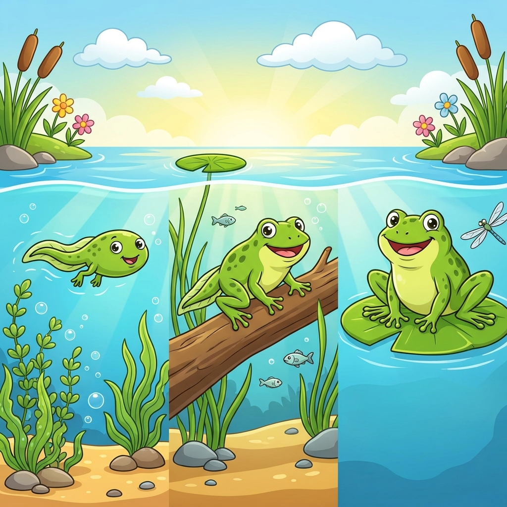 The passage says: Frogs go through metamorphosis, which is a big change in their body as they grow from a tadpole into an.