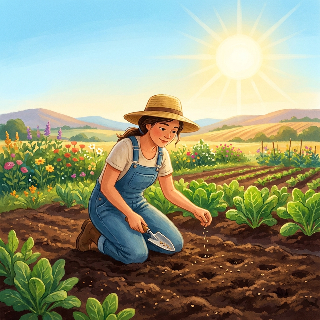 The gardener plants seeds in the dirt. She uses a small shovel to dig holes. The sun shines on the garden.