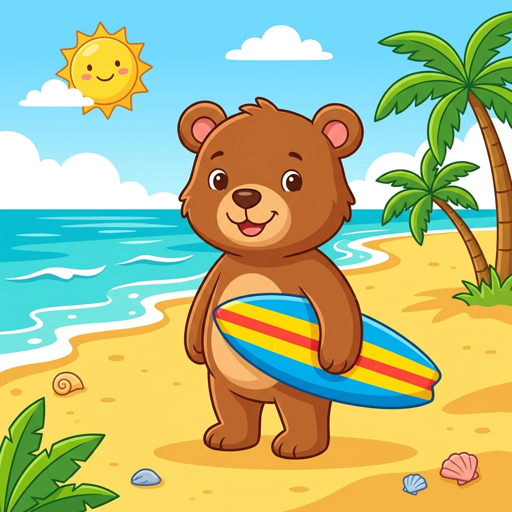 A bear stands at a sunny beach with a surfboard. This is a non-example because it does not show the forest setting where our.
