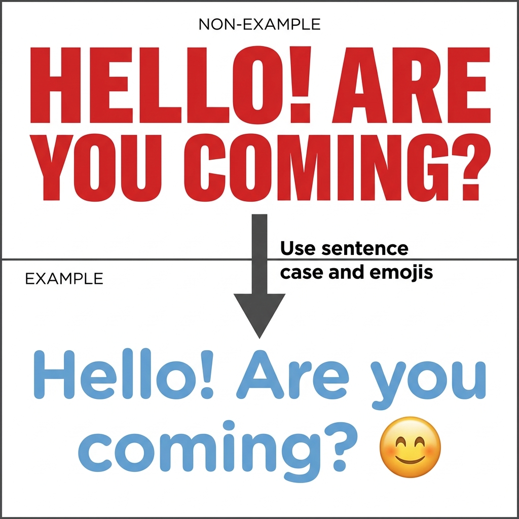 Typing in all capital letters is a non-example because it looks like shouting. To fix this, you should use normal letters.