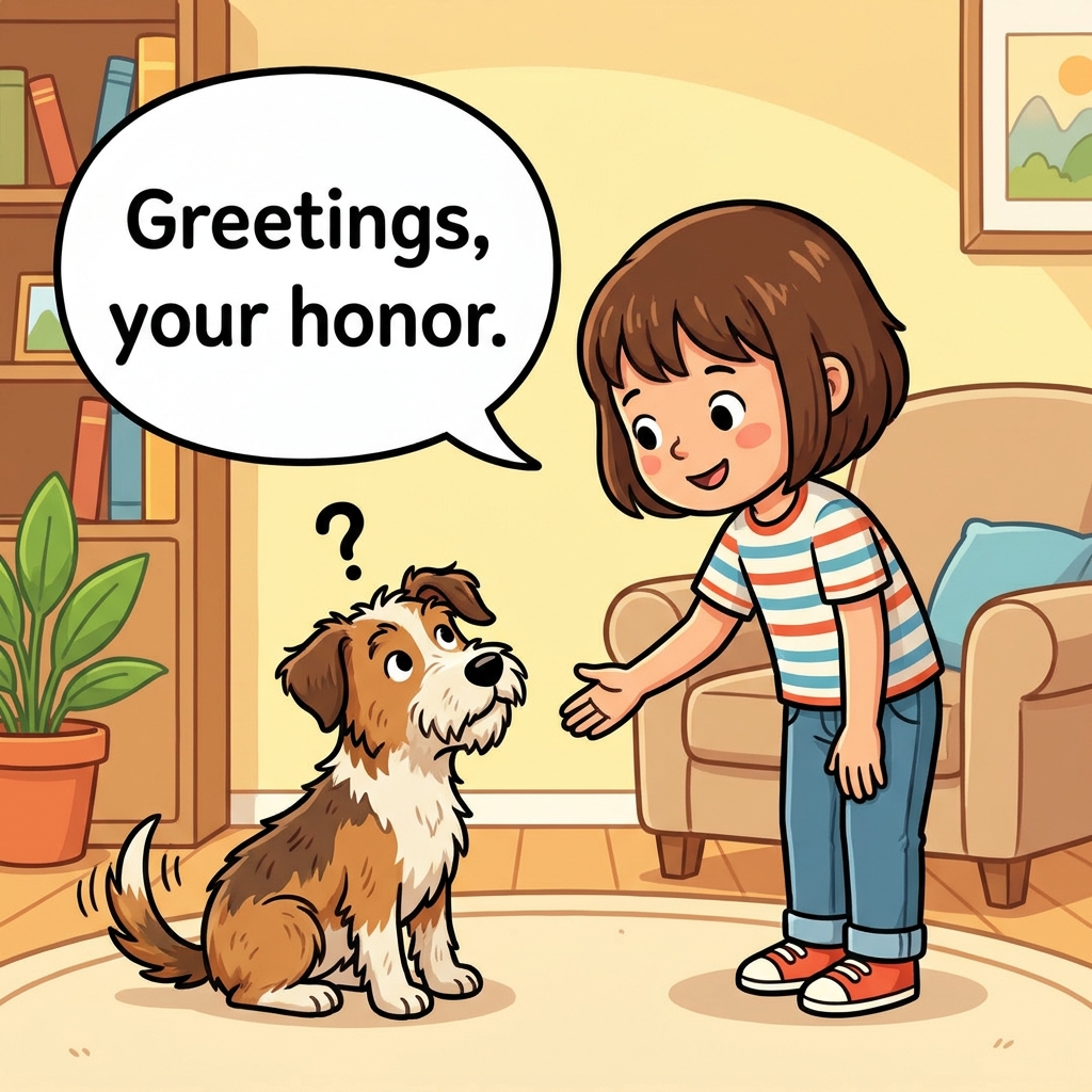 Non-example two: Saying 'Greetings, your honor' to your pet dog. This is wrong because your pet is not a judge. You should.