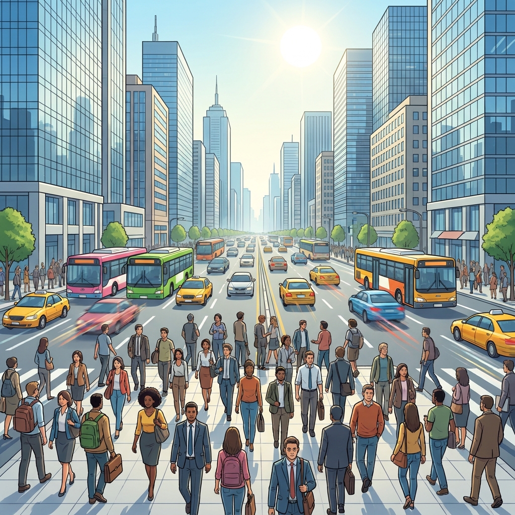 In a travel brochure, one sentence says: The bustling city offers endless excitement for every traveler. The word bustling.