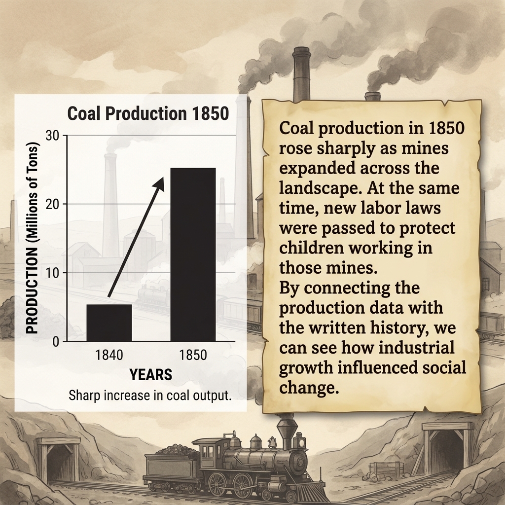 Coal production in 1850 rose sharply as mines expanded across the landscape. At the same time, new labor laws were passed to.