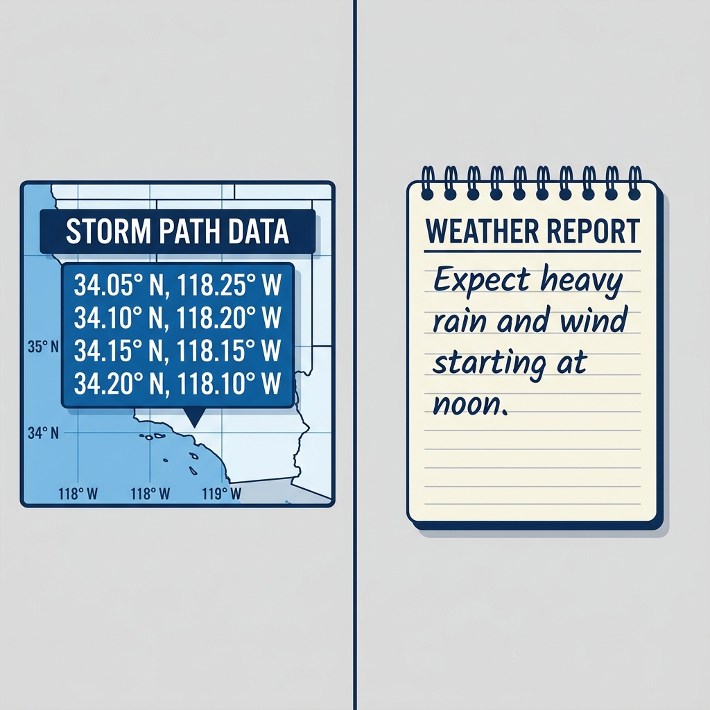 Think about your daily life. A weather report might show a storm moving toward your town, and a written report says, Expect.