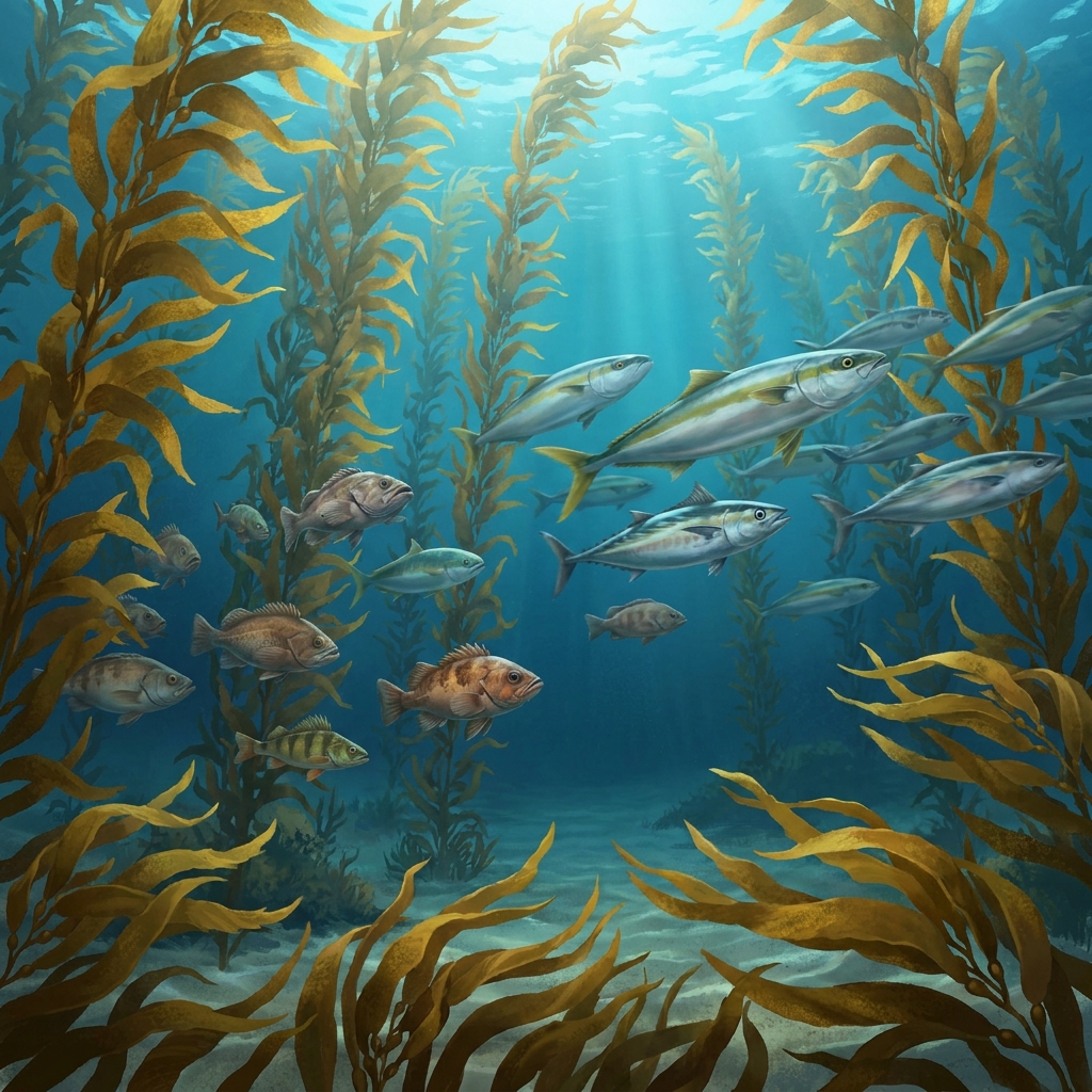 In a kelp forest, the water current moves very fast. We observe a population of fish where some are fast swimmers and others.