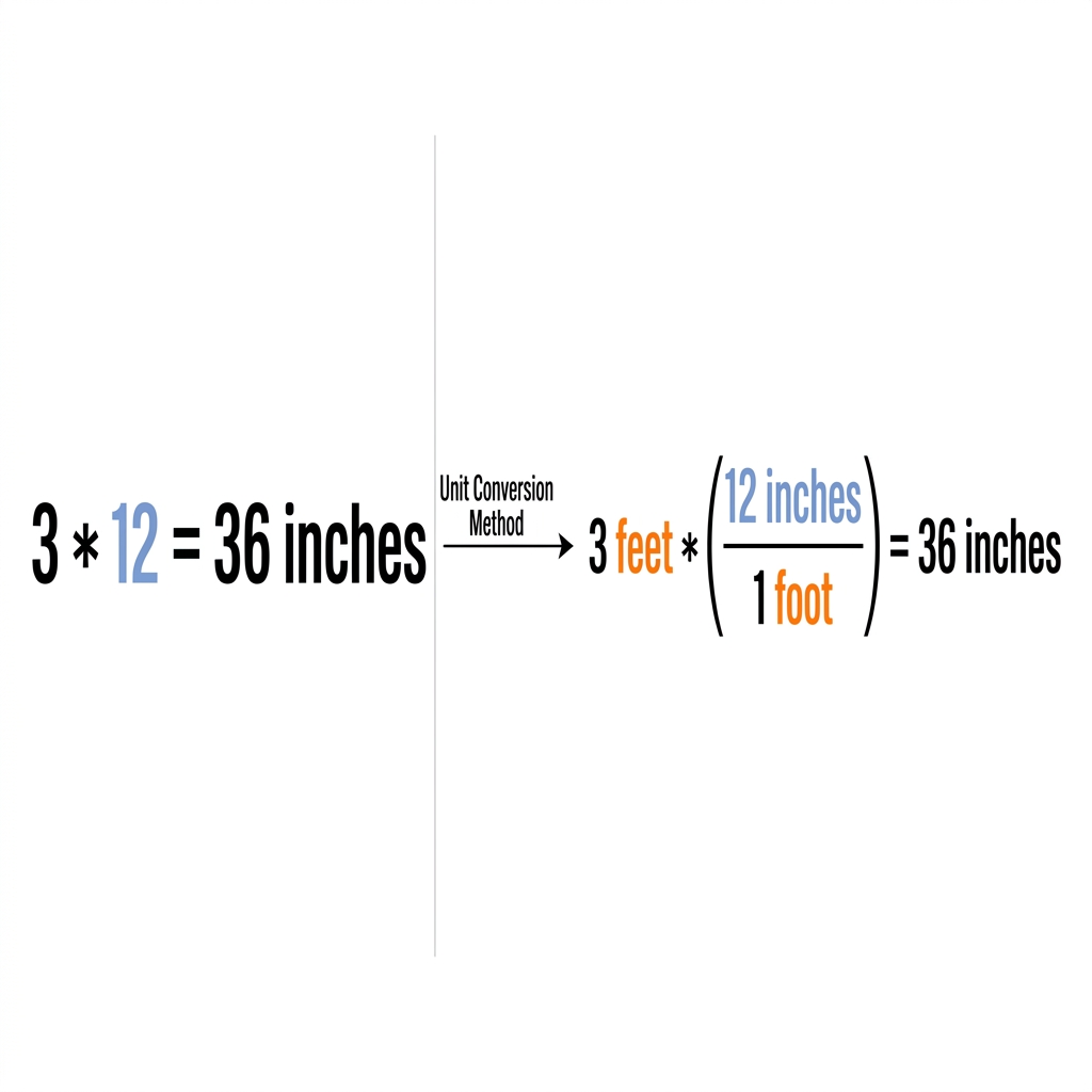Another example is converting 3 feet to inches. We can say 3 times 12 equals 36 inches, or we can use a ratio of 12 inches.