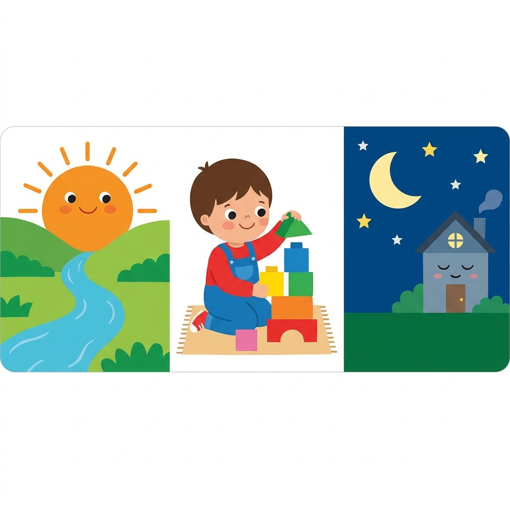 Let us put these in order. First is waking up. Next is playing. Last is sleeping. That is the order of our day.