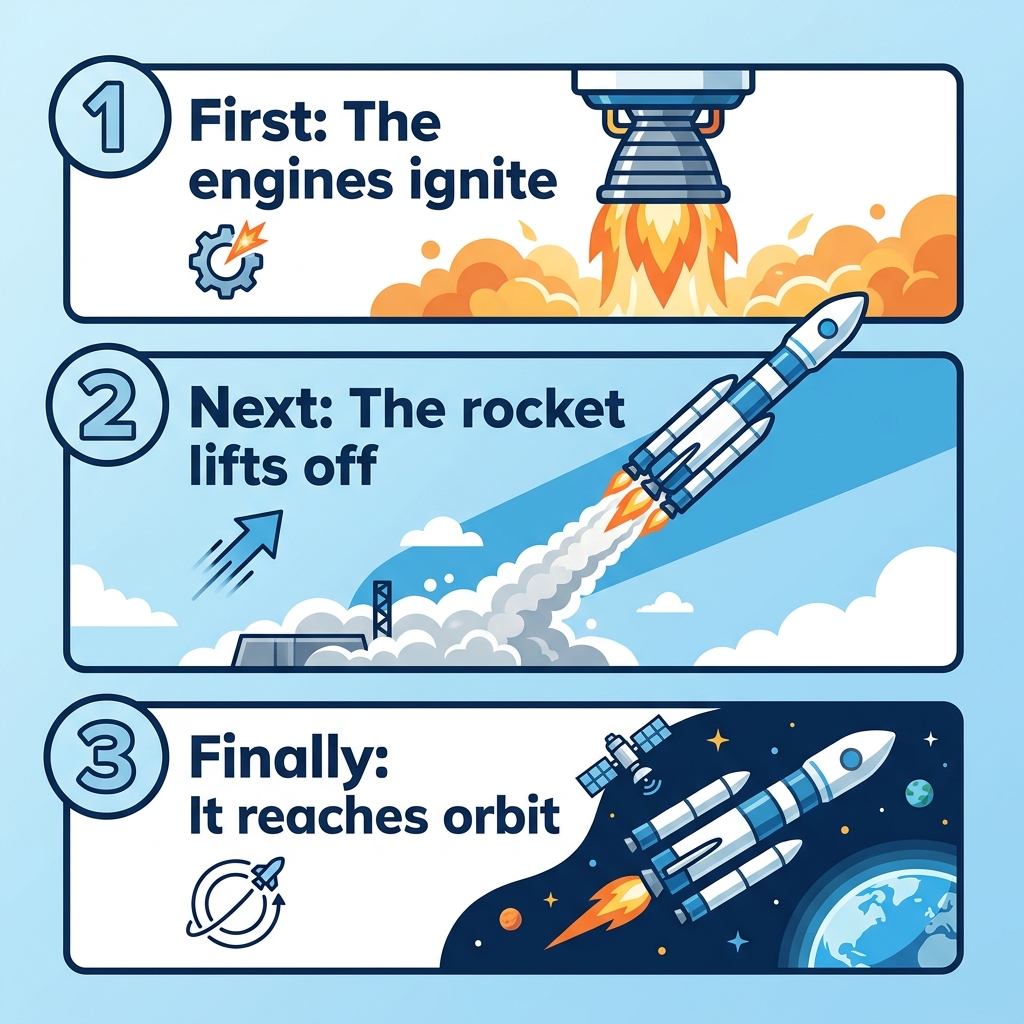 In a space mission report, the author might use a sequence to describe the launch: first, the engines ignite; next, the.