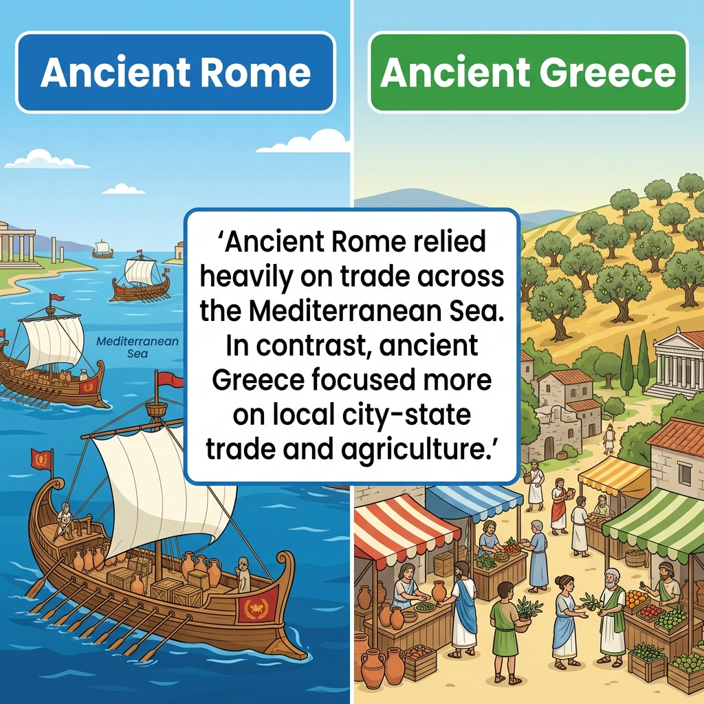 The text states: Ancient Rome relied heavily on trade across the Mediterranean Sea. In contrast, ancient Greece focused more.
