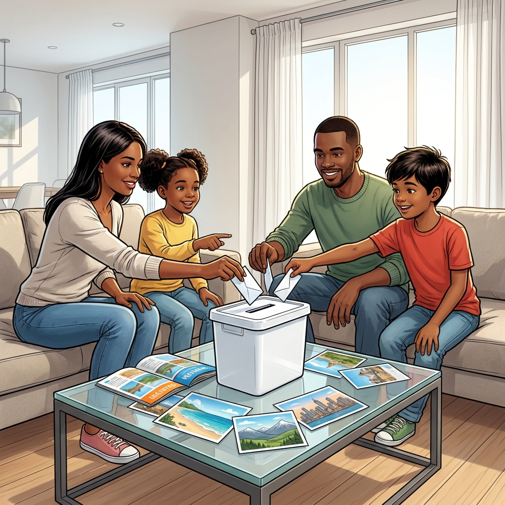Imagine a family deciding on a vacation destination. They sit down to talk about different places and then vote on where to.