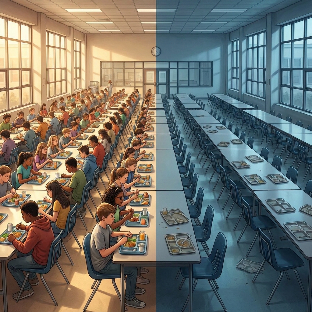 Now let's look at the impact of such a spread. Imagine a school cafeteria. When it is full, there are many students eating.