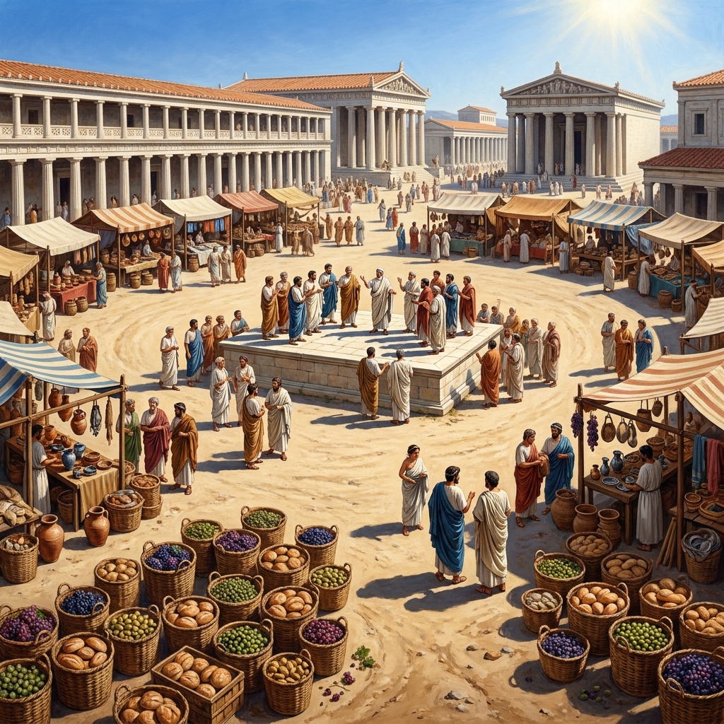 The Agora was a central open space in a Greek city used for both public meetings and as a marketplace for trade. It was.