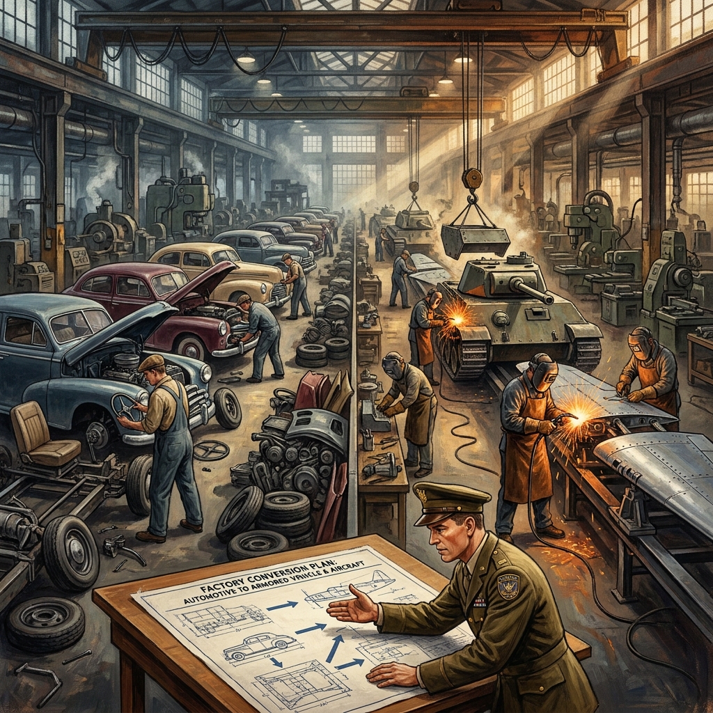 The War Production Board had the power to direct private companies to stop making civilian goods, like cars, and start.