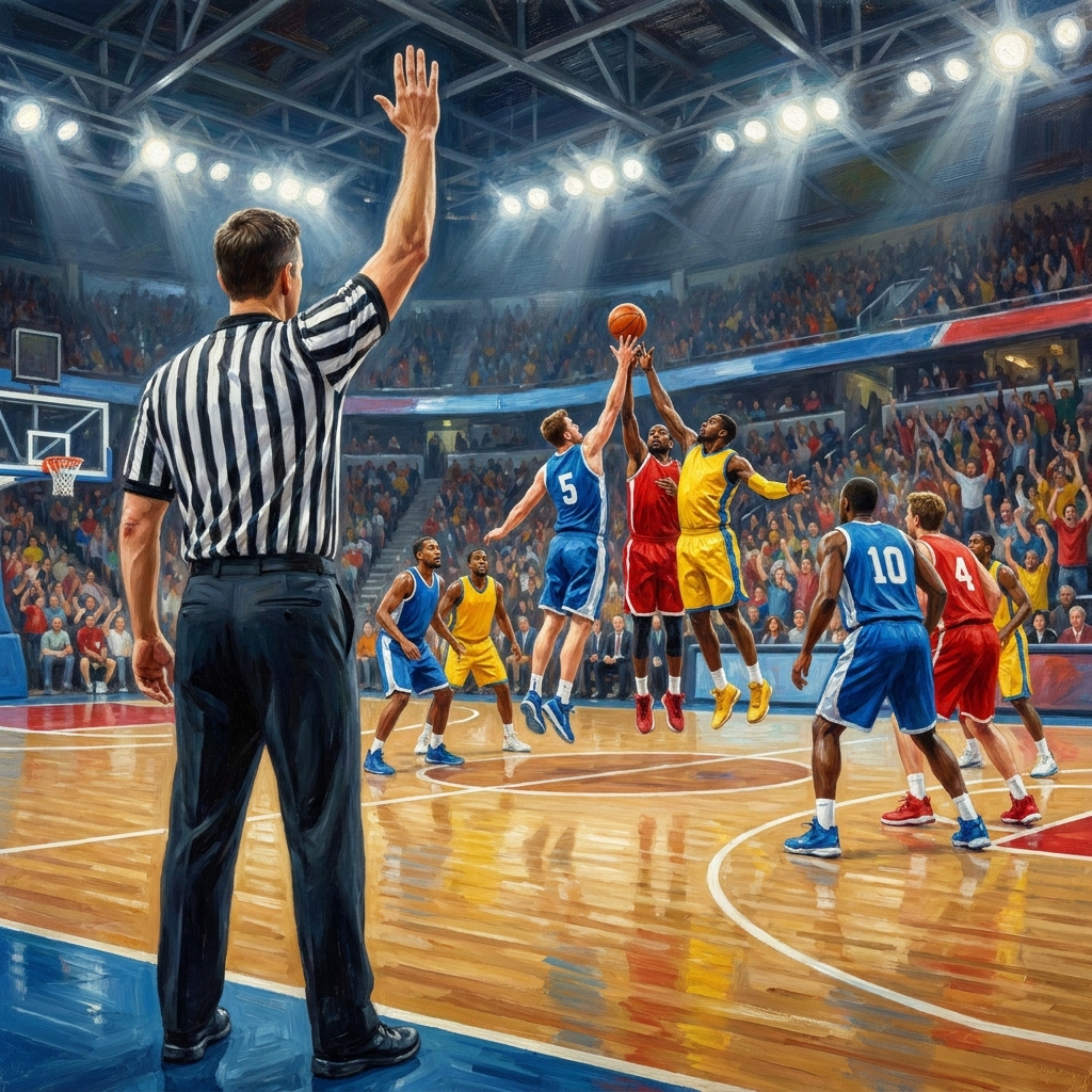In a basketball game, a referee interprets the rules of the game to determine if players followed the regulations. Just as.