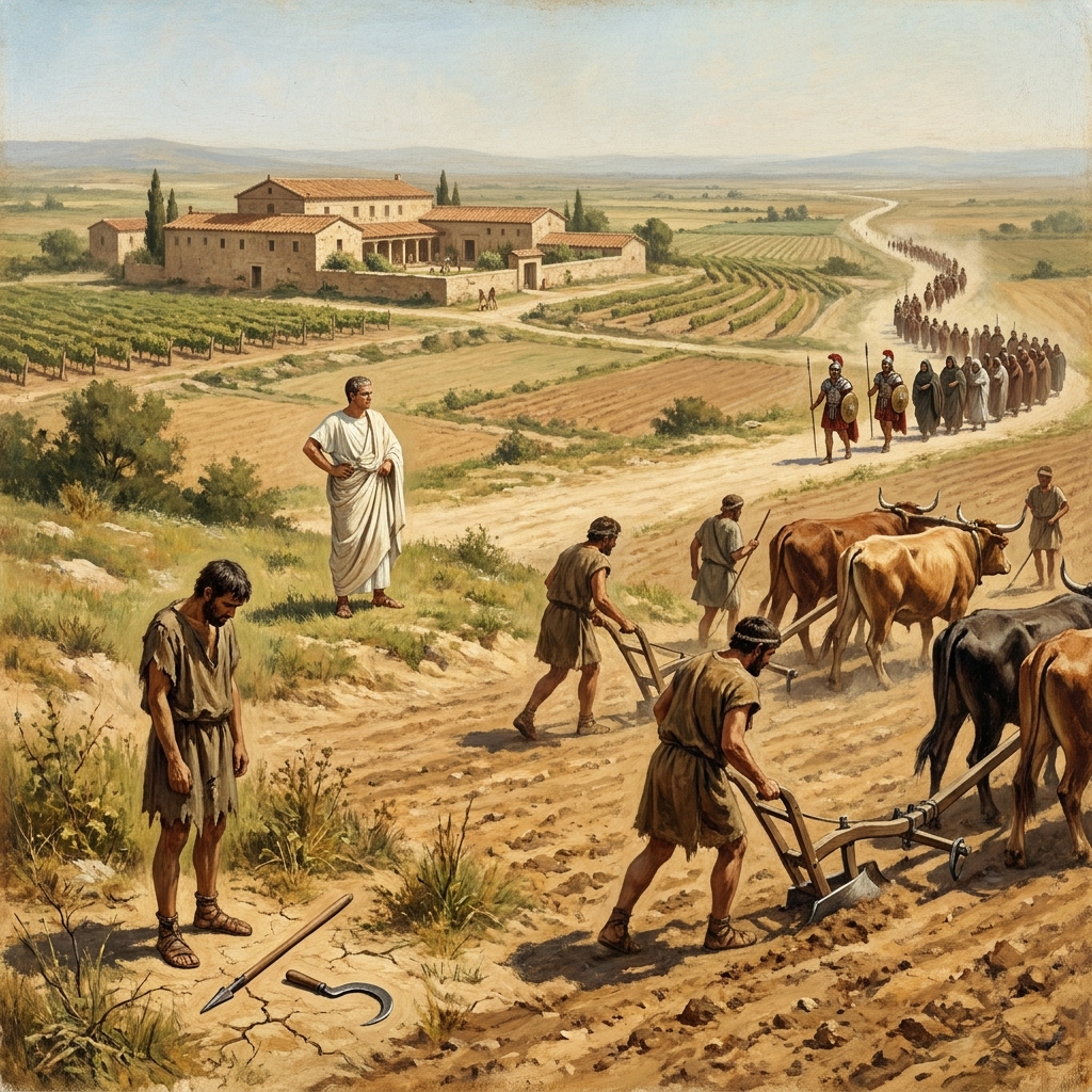 As Rome conquered more land, it brought back thousands of enslaved people to work on large farms. This made the wealthy.