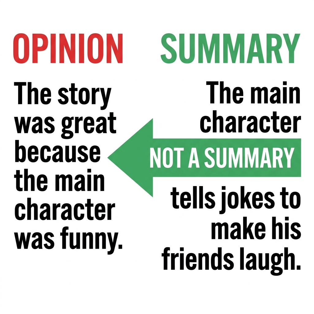 A non-example of a summary is saying, 'The story was great because the main character was funny.' This is an opinion. A.