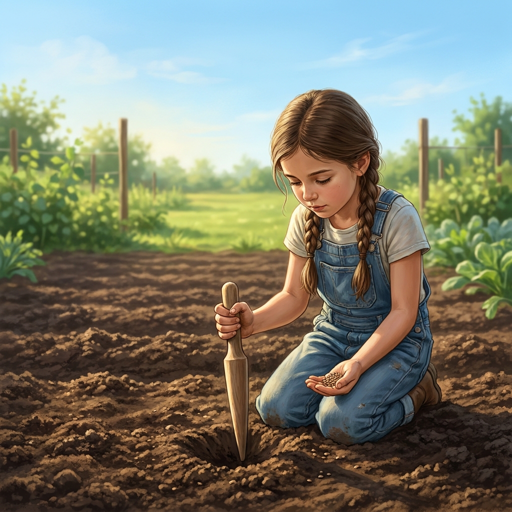 Maya plants seeds and checks them every hour, but nothing happens. She learns that she must wait for the sun and rain to.