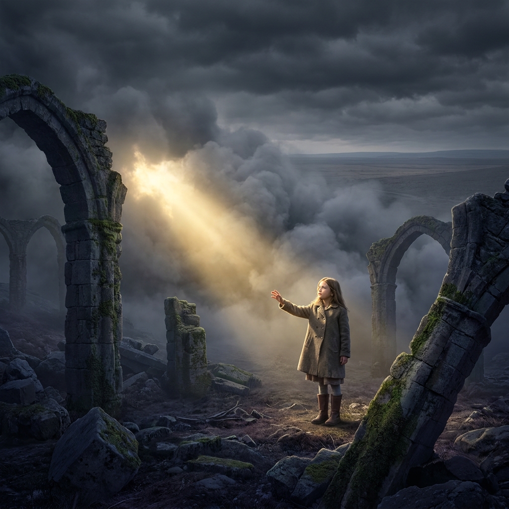 In a story, a character loses everything but keeps their hope. The text says, 'Even in the dark, she looked for the light.'.