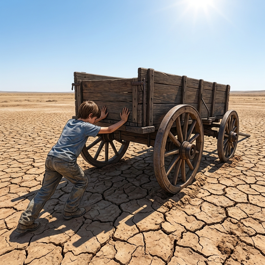 Now let's look at unbalanced forces. Imagine a child pushing a heavy wagon across a dry, cracked patch of ground during a.