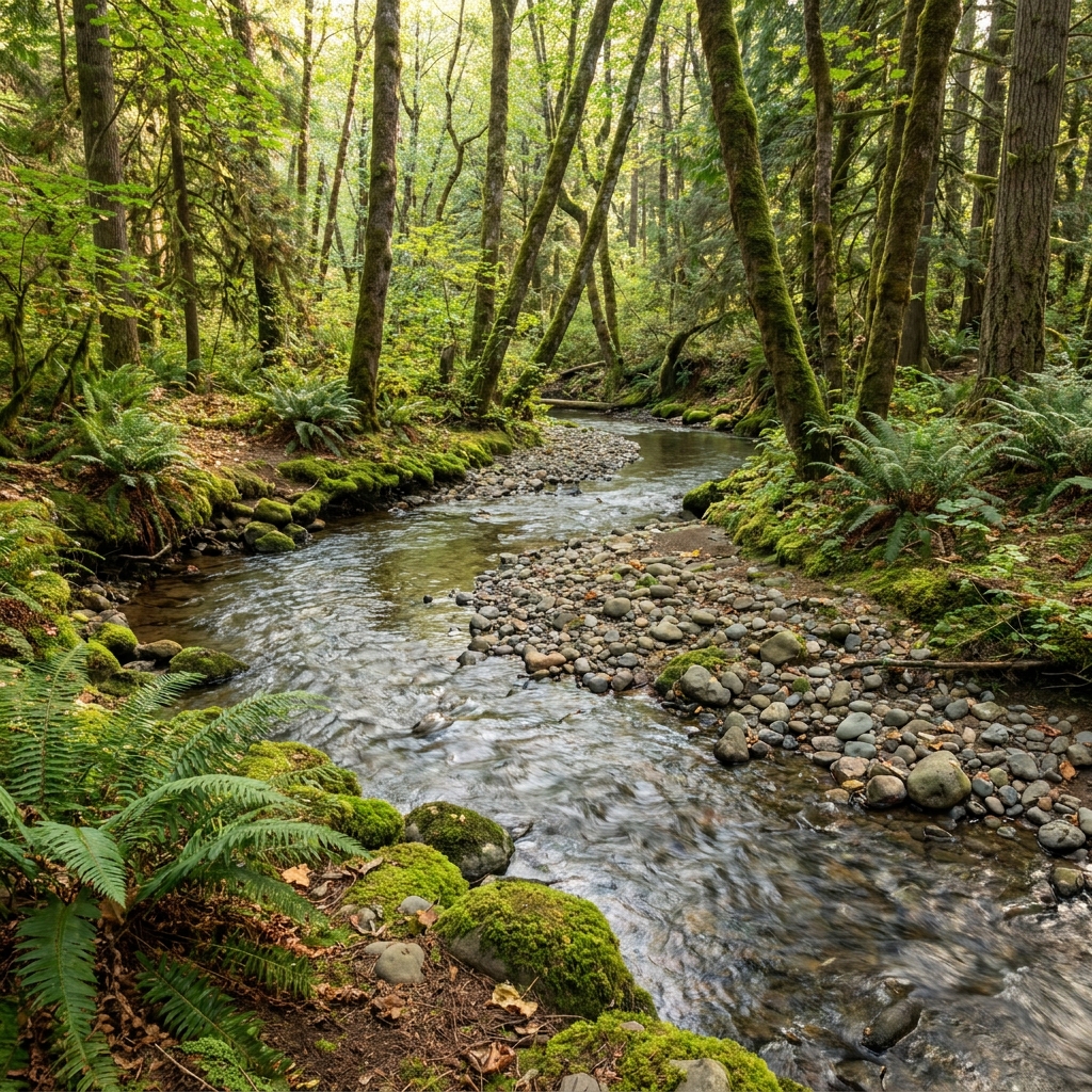 Water flowing down a creek bed follows the shape of the land. If the creek bed is curved, the water will always follow that.