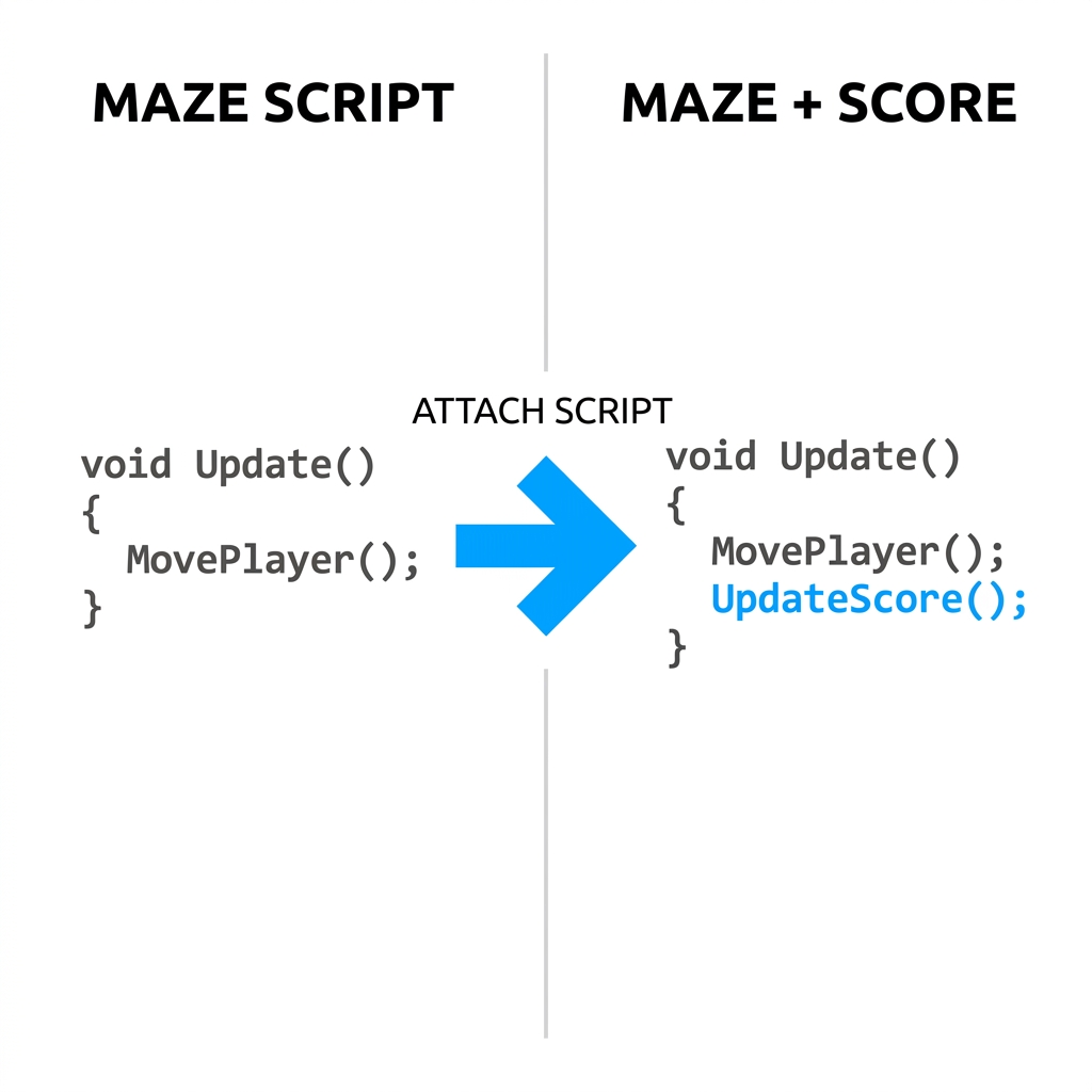 We have a maze game. We want to add a score counter. We take the score script and attach it to the maze game script. Let's.