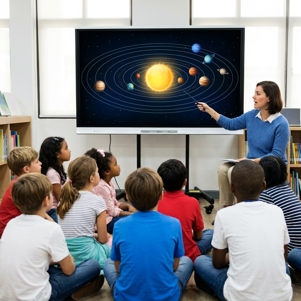 Example one is a presentation about the solar system. A speaker says, 'The sun is at the center of our solar system, and all.