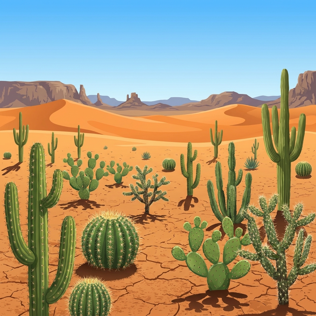 Our topic is the desert. We can say, 'The desert is a very dry place. Many cacti grow there, and they have thick skin to.