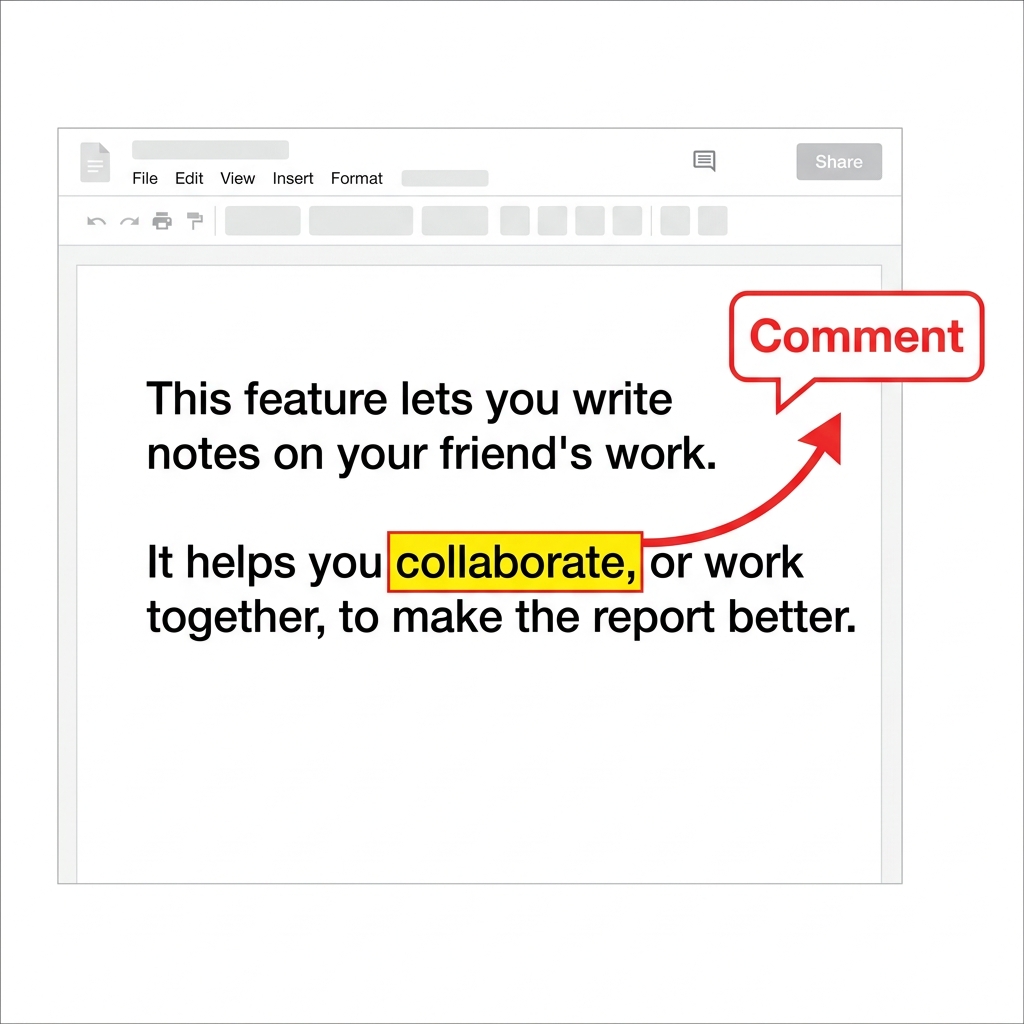 When you type a book report, you can use a comment feature. This feature lets you write notes on your friend's work. It.