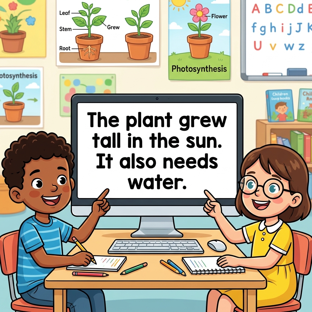 Imagine you and a partner are writing about how plants grow. You type, 'The plant grew tall in the sun.' Your partner adds.