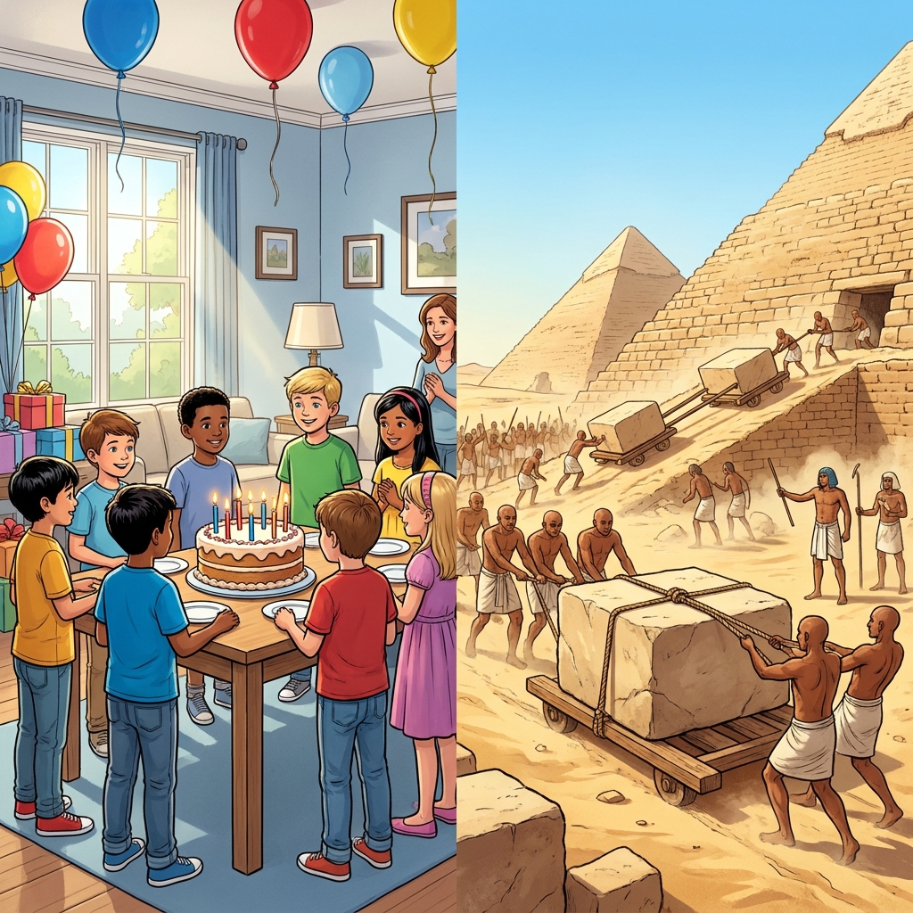 Think about your birthday party yesterday versus the building of the Great Pyramids. Your party happened yesterday, so it is.
