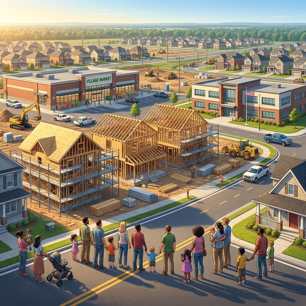 Think about moving to a new school or neighborhood. When many families move to the same area, they need new stores, roads.