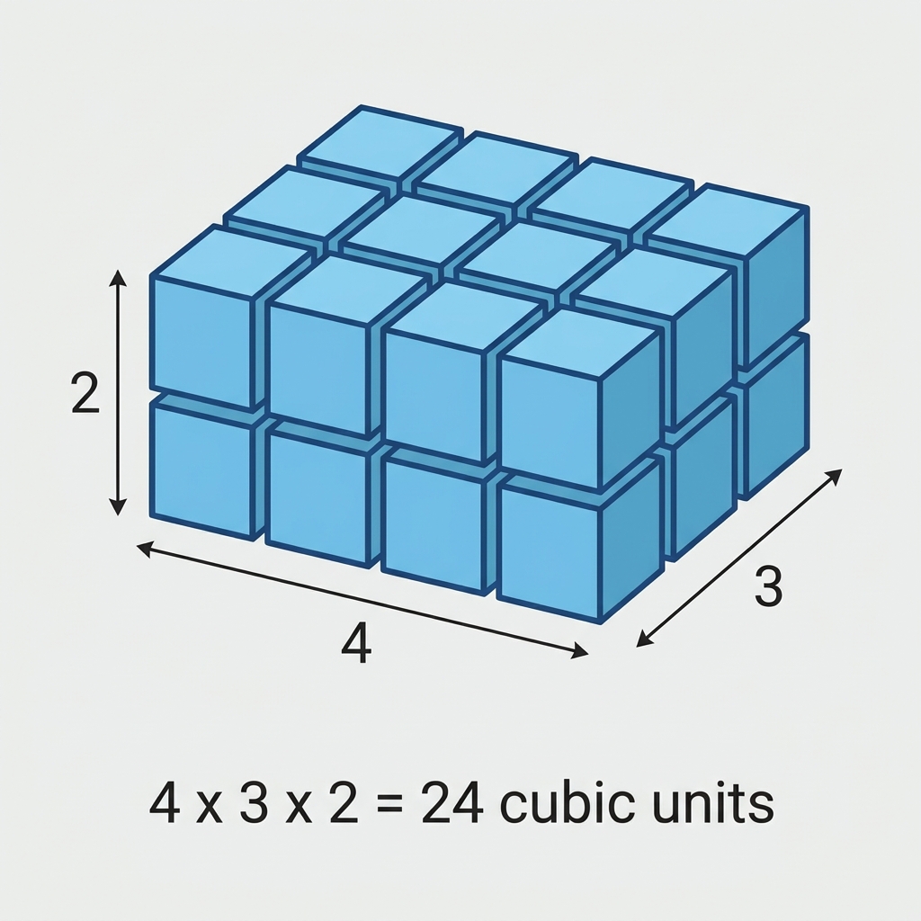 For a prism with length 4, width 3, and height 2, we multiply 4 times 3 to get 12, then multiply 12 times 2 to get 24. The.