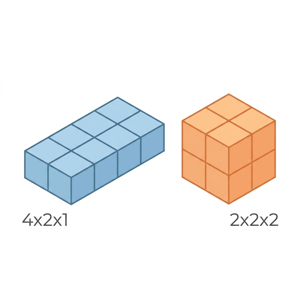 Think about two different boxes. One box is 4 units long, 2 units wide, and 1 unit high. The other box is 2 units long, 2.