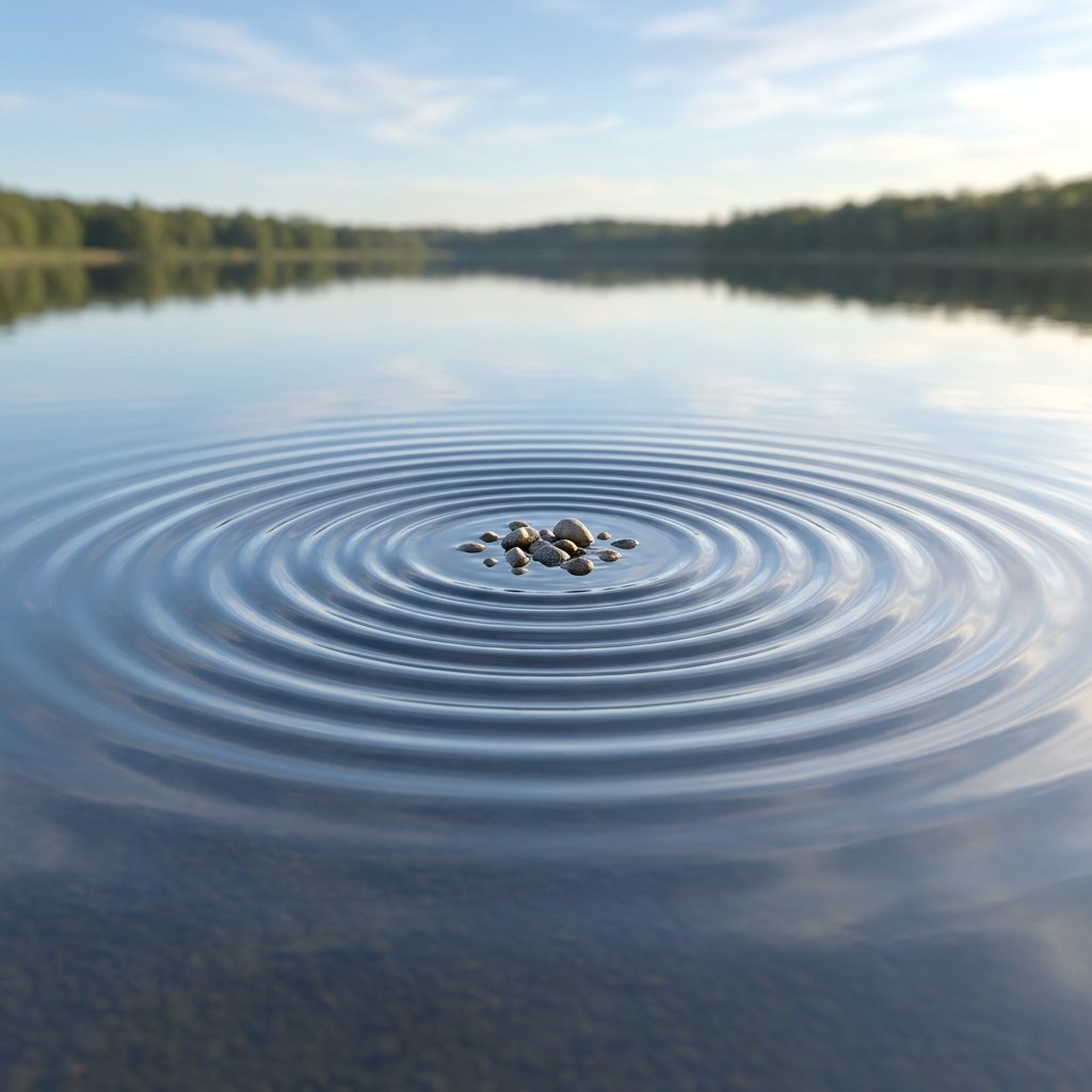 Dropping a pebble into a calm pond creates ripples that spread outward. A larger pebble creates a bigger splash with a.